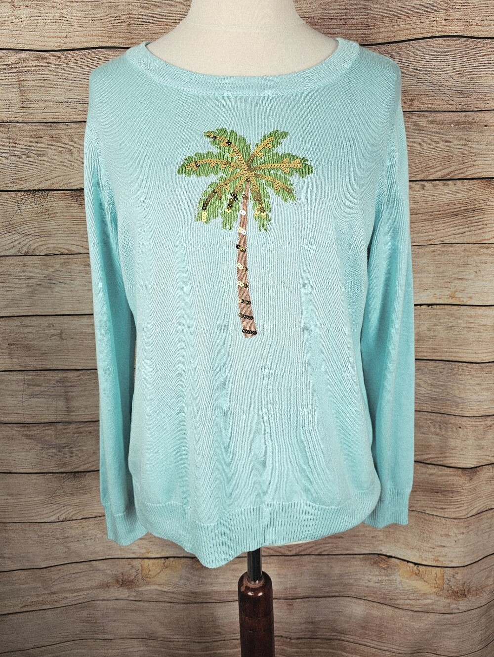 Belle Beach NEW Lightweight Cotton Blend Sequin Palm Tree Sweater Size Large